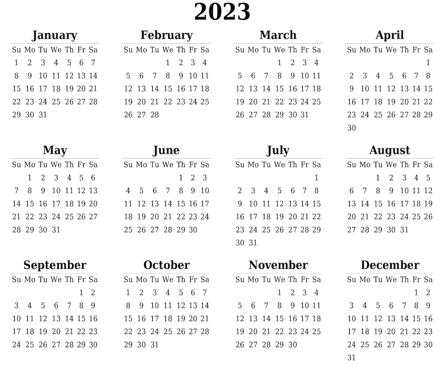 12 month calendar view of 2023.